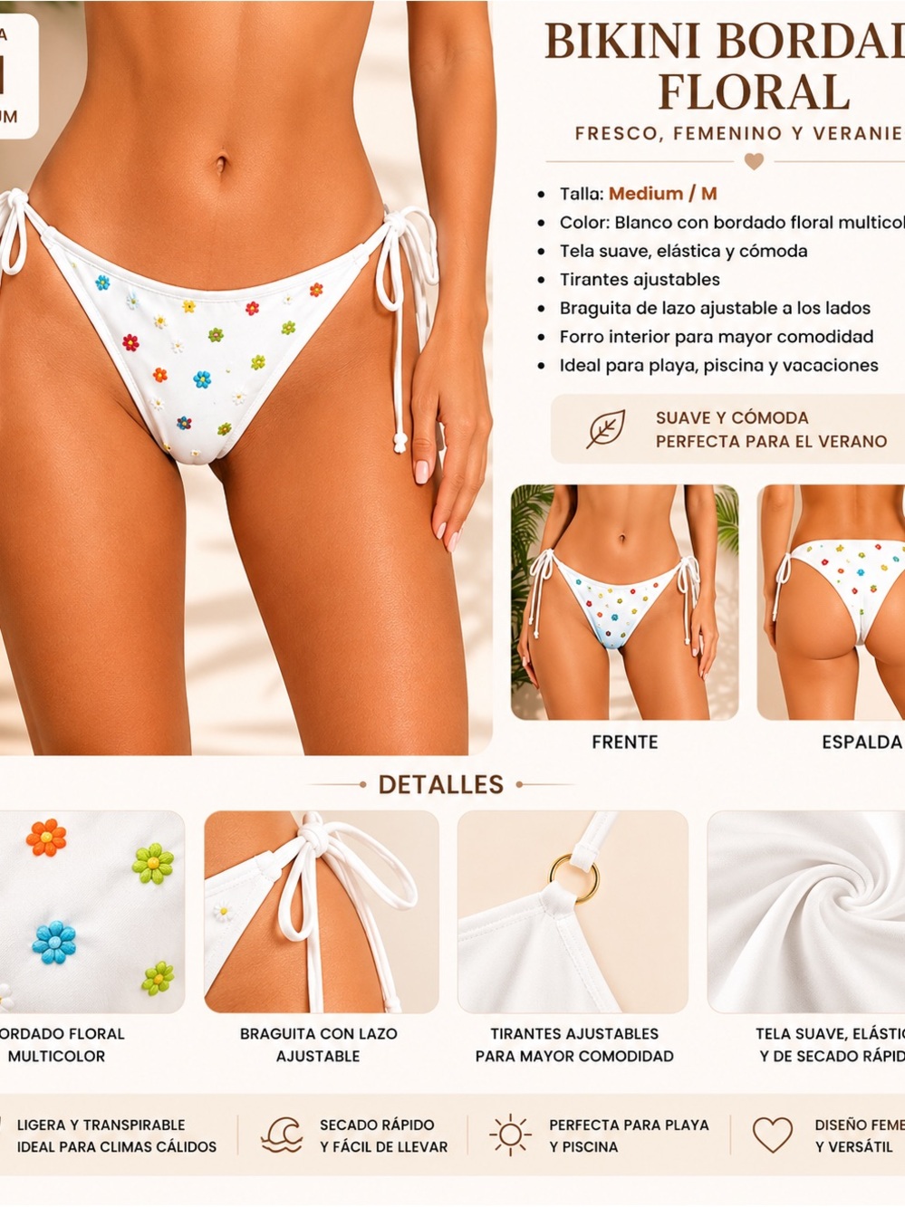 l*space White Floral Embroidered Tie-Side Bikini Bottoms